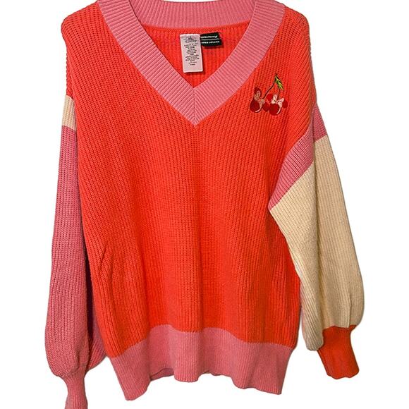 Disney Minnie Mouse Icon Cherries Color-Block Pink Sweater by Her Universe Small - Picture 2 of 6
